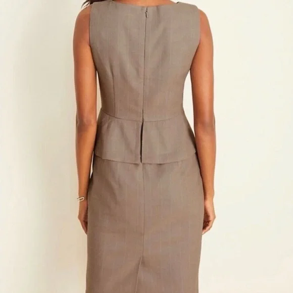 Ann Taylor Taupe Plaid Peplum Dress - Size 12 - Picture 3 of 11